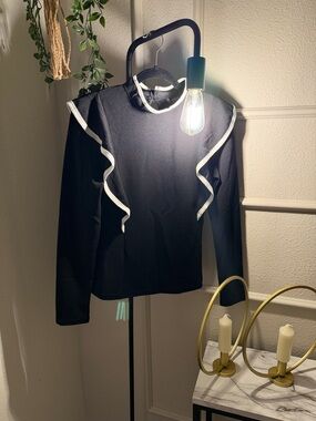 SHEIN Black Long Sleeve Top with White Ruffle Trim